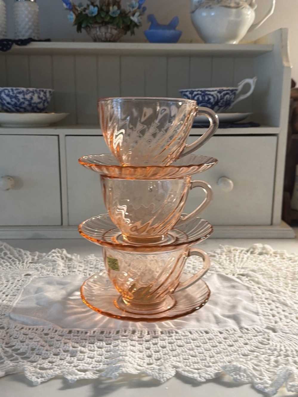 Vintage Arcoroc Rosaline Swirl Glass Teacup and Saucer Set - 3 Piece Stackable